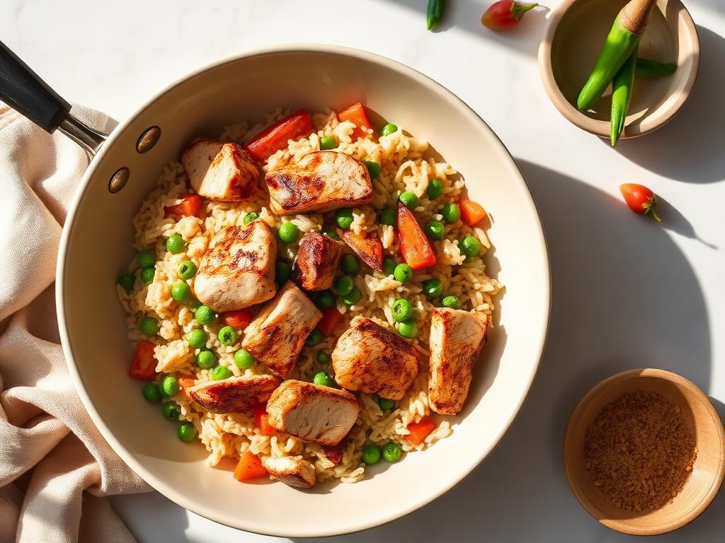 Riz sauté au poulet et légumes